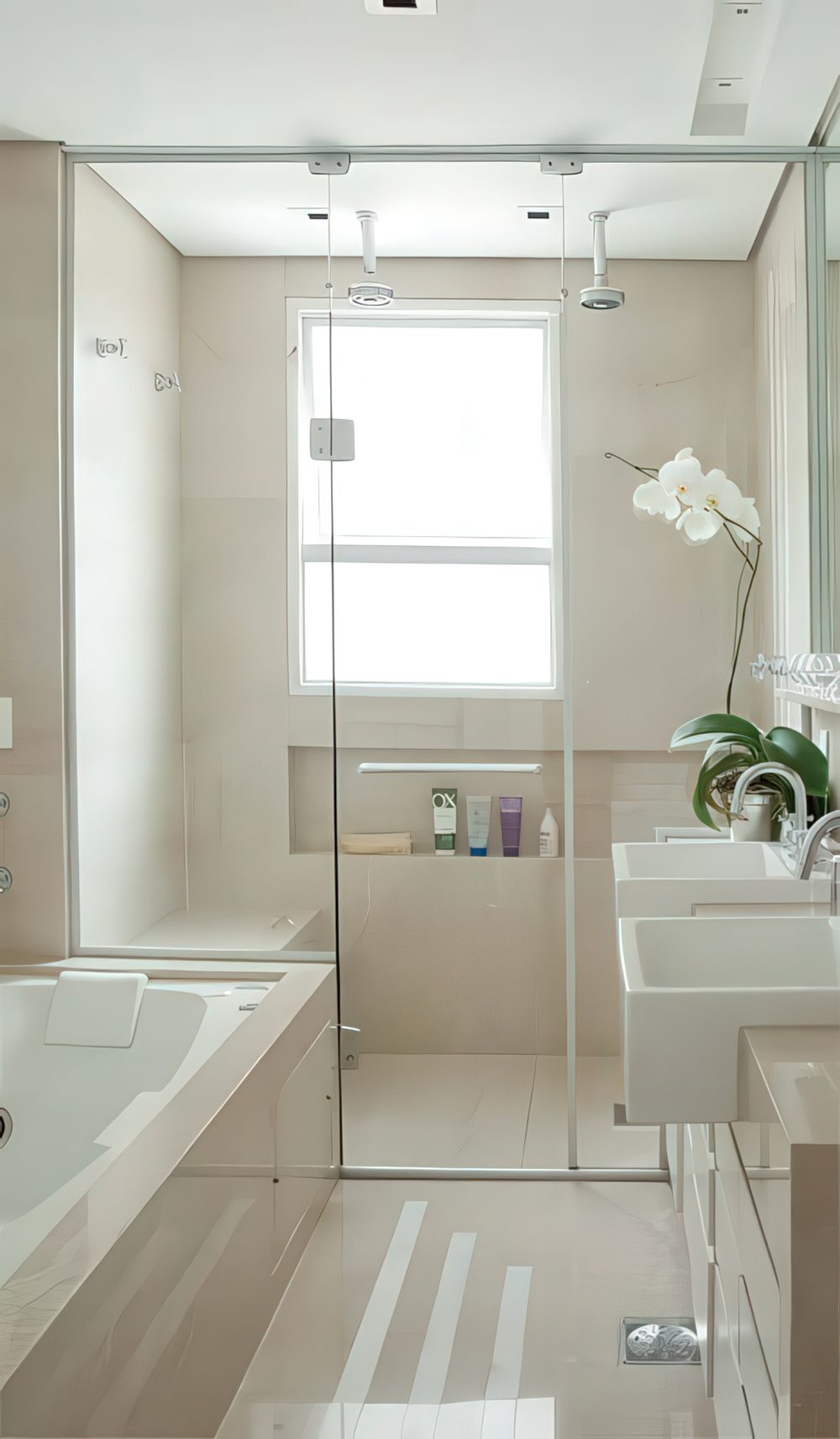 A narrow window with a niche for storage under it is great and not too large for more privacy.