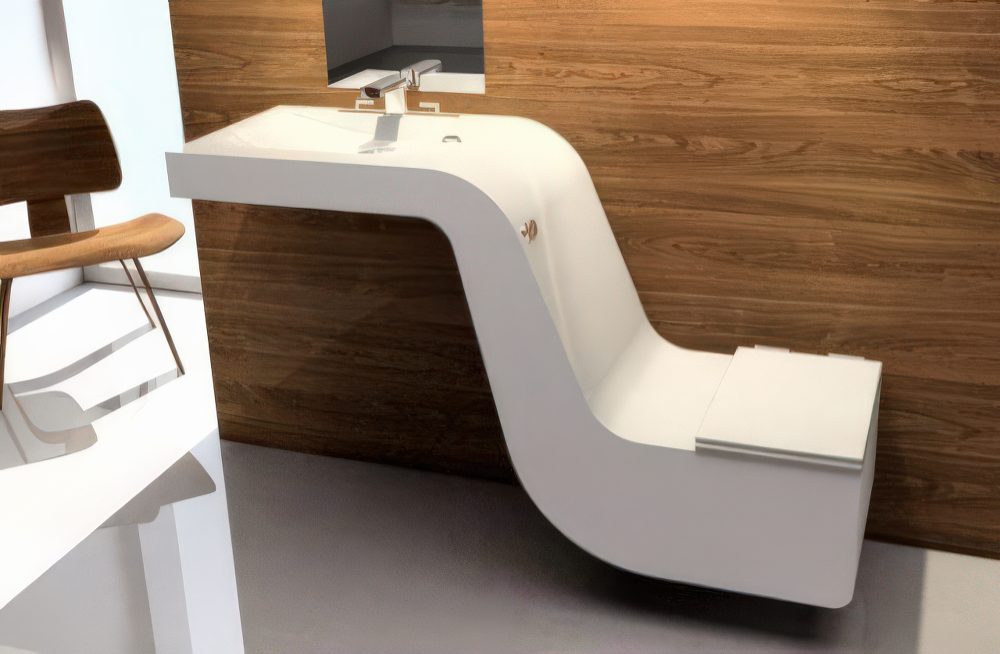 Curved sculptural combo of a sink and a toilet.