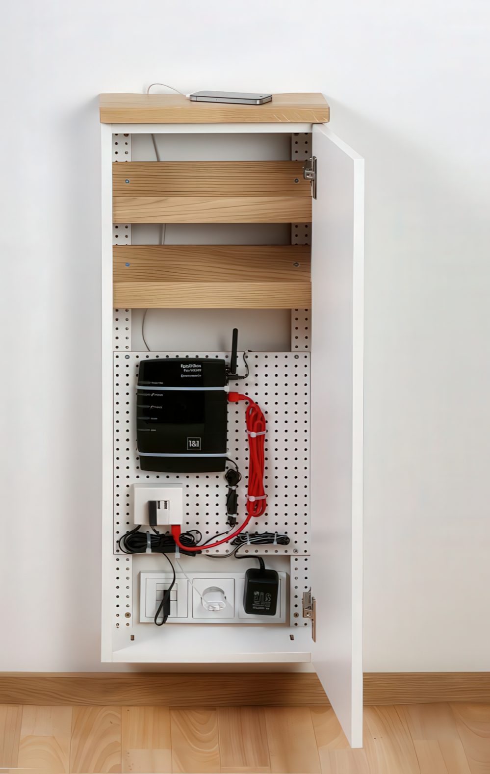 A simple cable organizer box can be attached or placed anywhere and will keep all your eye-sores hidden.