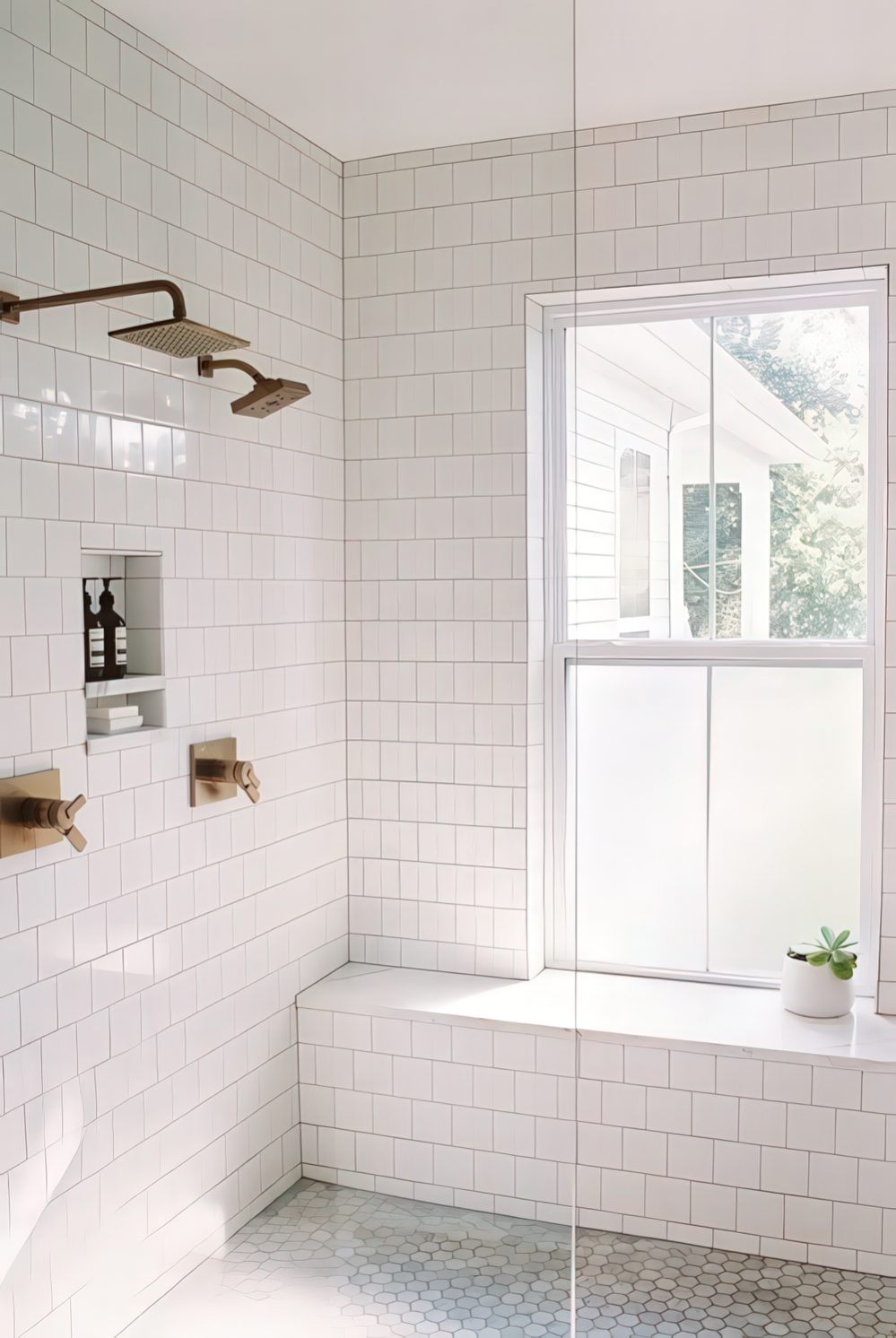 A tall window covered partly on the lower part get enough privacy for you but lets enjoy the views too.