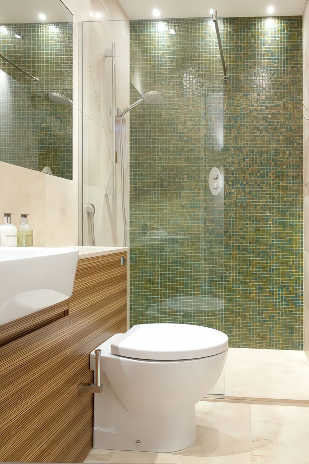 A sink and a toile tin one clad with bamboo panels.