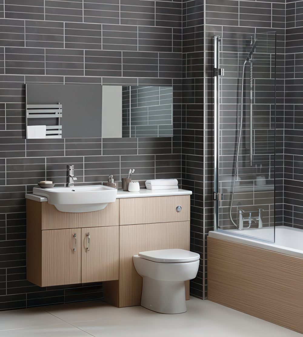 A toilet and a sink combo clad with light-colored wood.