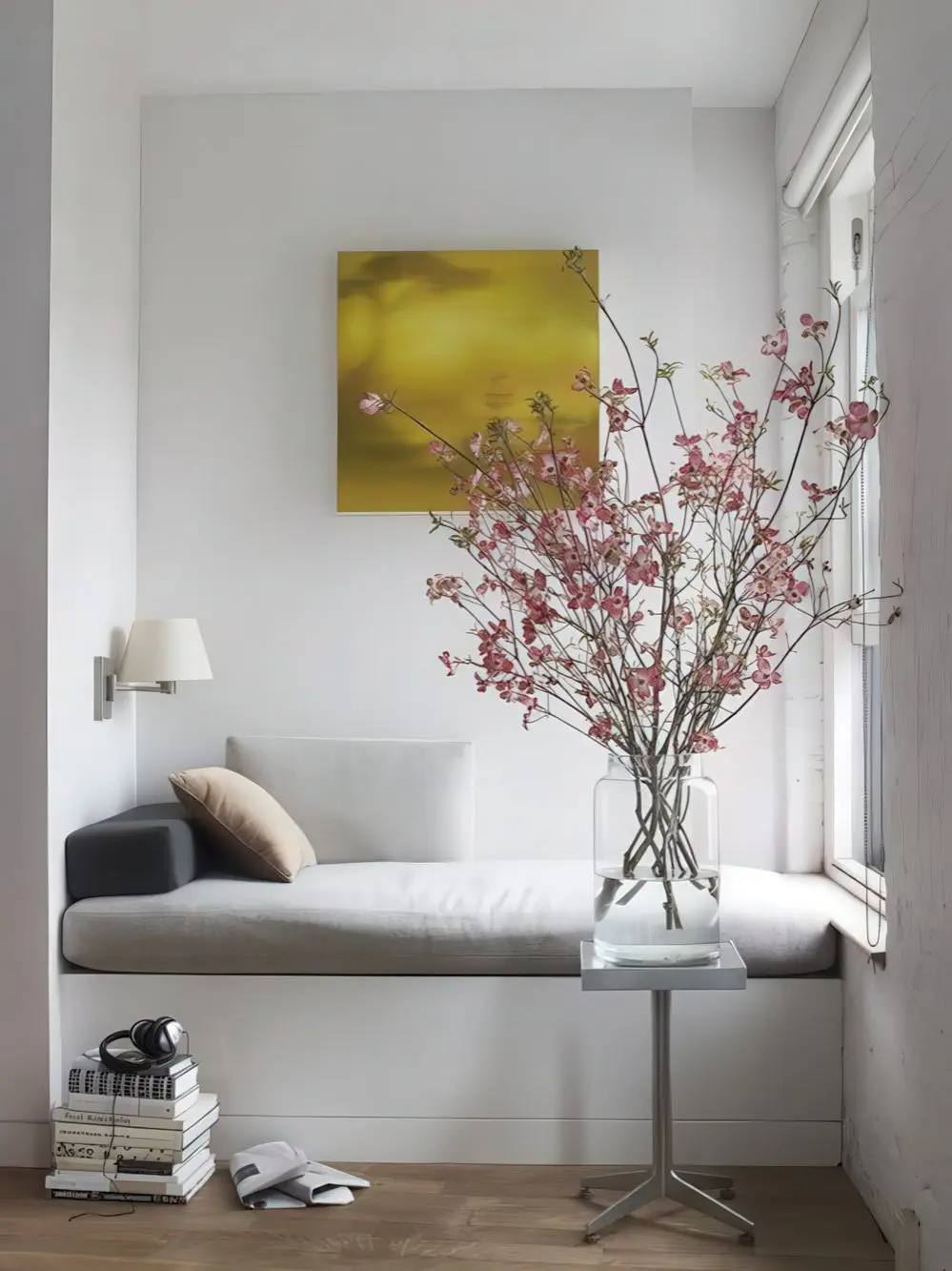 A small nook by the window is taken by a daybed with pillows and upholstery, great for reading and having a nap.