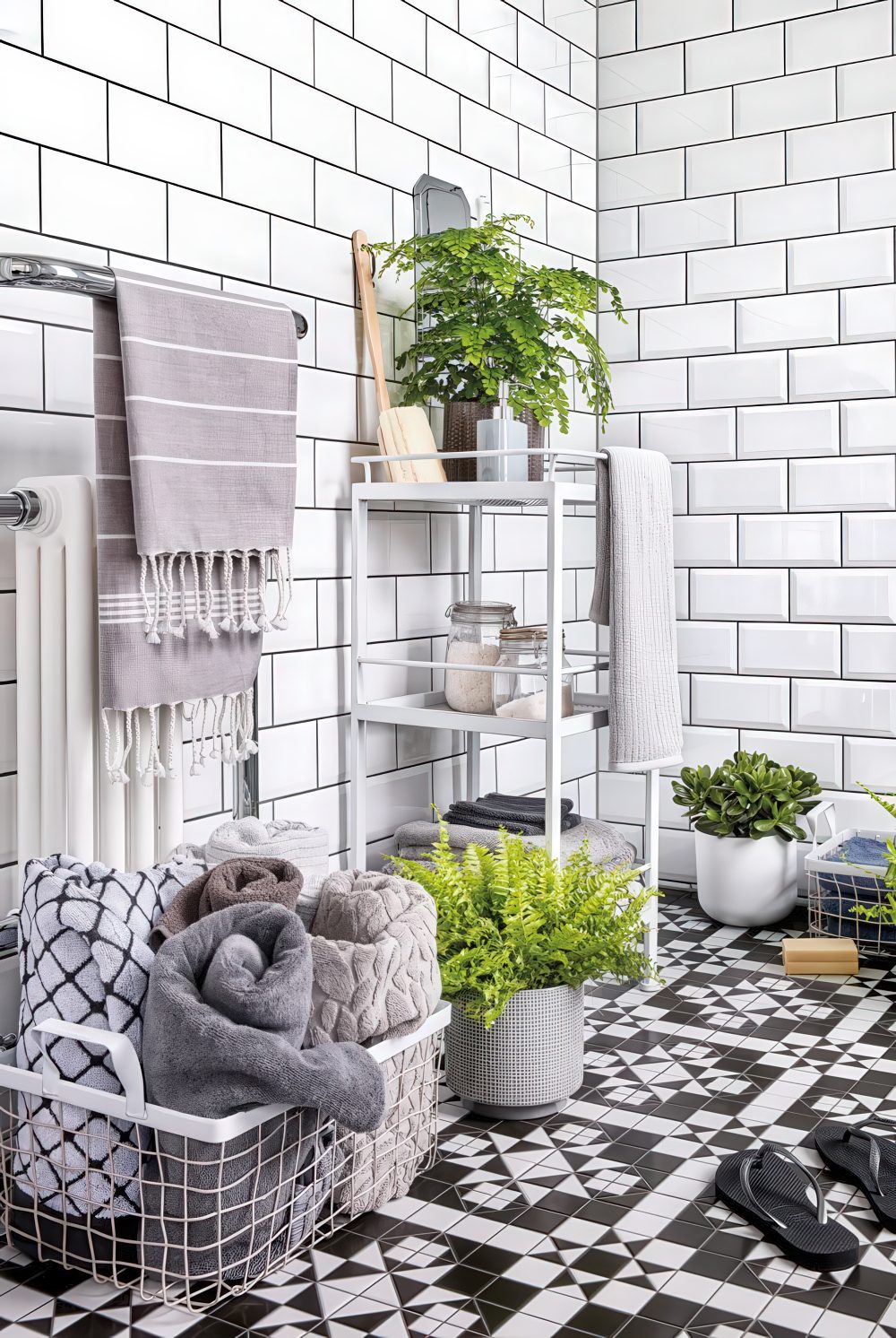 A mesh basket is a nice and comfortable storage piece for towels, you can place it anywhere you want.