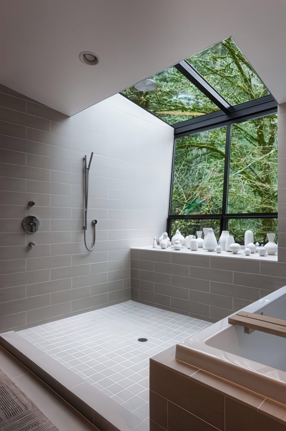 A full panoramic window and a skylight are totally welcome to enjoy the forest views.