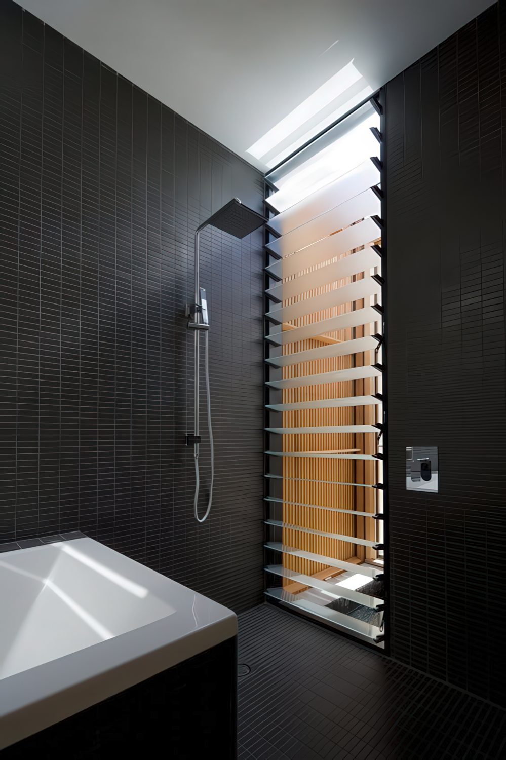 The full height tall window takes on the private courtyard, which means no privacy needed.