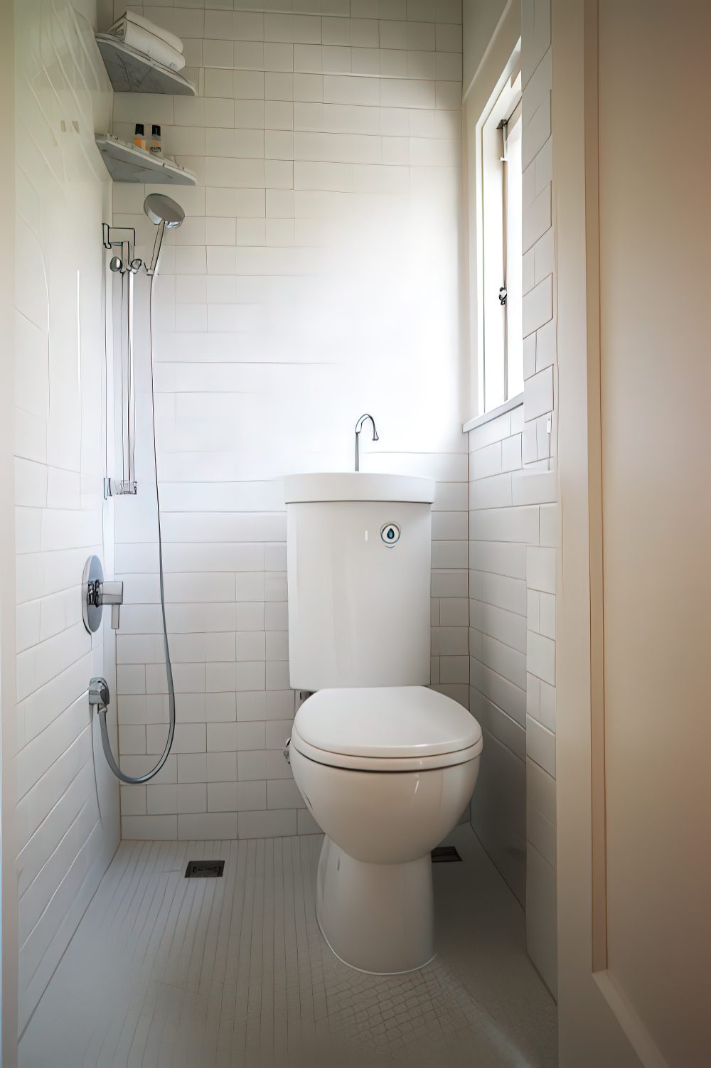 A tiny first floor bathroom that features a compact toilet/sink combo and a shower.