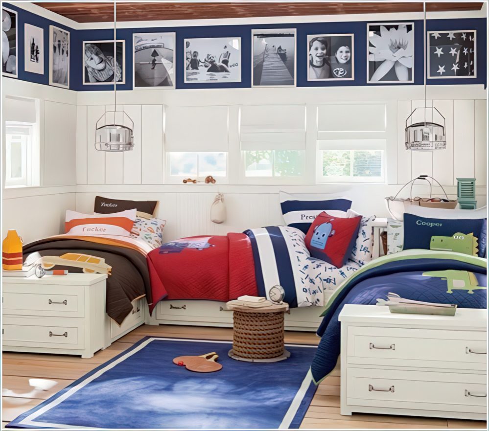 A light and airy shared bedroom with nautical blue and red bedding, framed black and white photos, and white paneling. The design feels fresh and perfect for a beachside retreat.