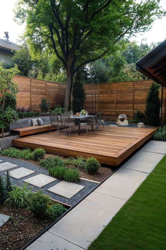 The garden corner is turned into an outdoor dining room under a big tree, with greenery and rocks around.

(via buildtuff).