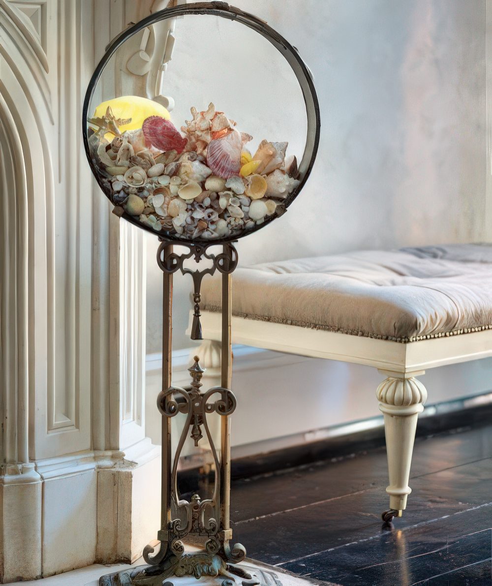 A round vintage fish tank filled with various seashells and starfish will remind you of the sea and seashores.
