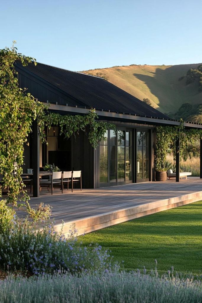 The long raised deck is placed right at the house and partly under the roof to get a covered dining spot.