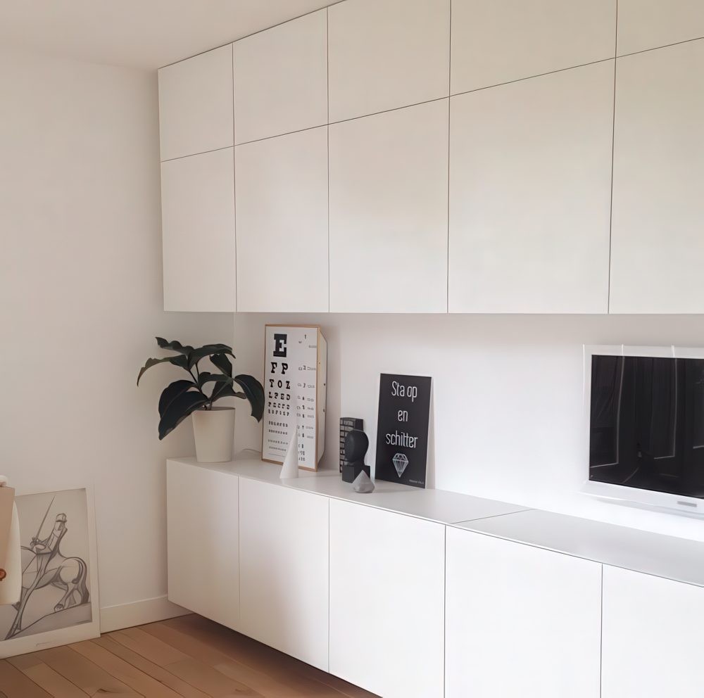 IKEA Besta floor-to-ceiling storage but with tabletop.