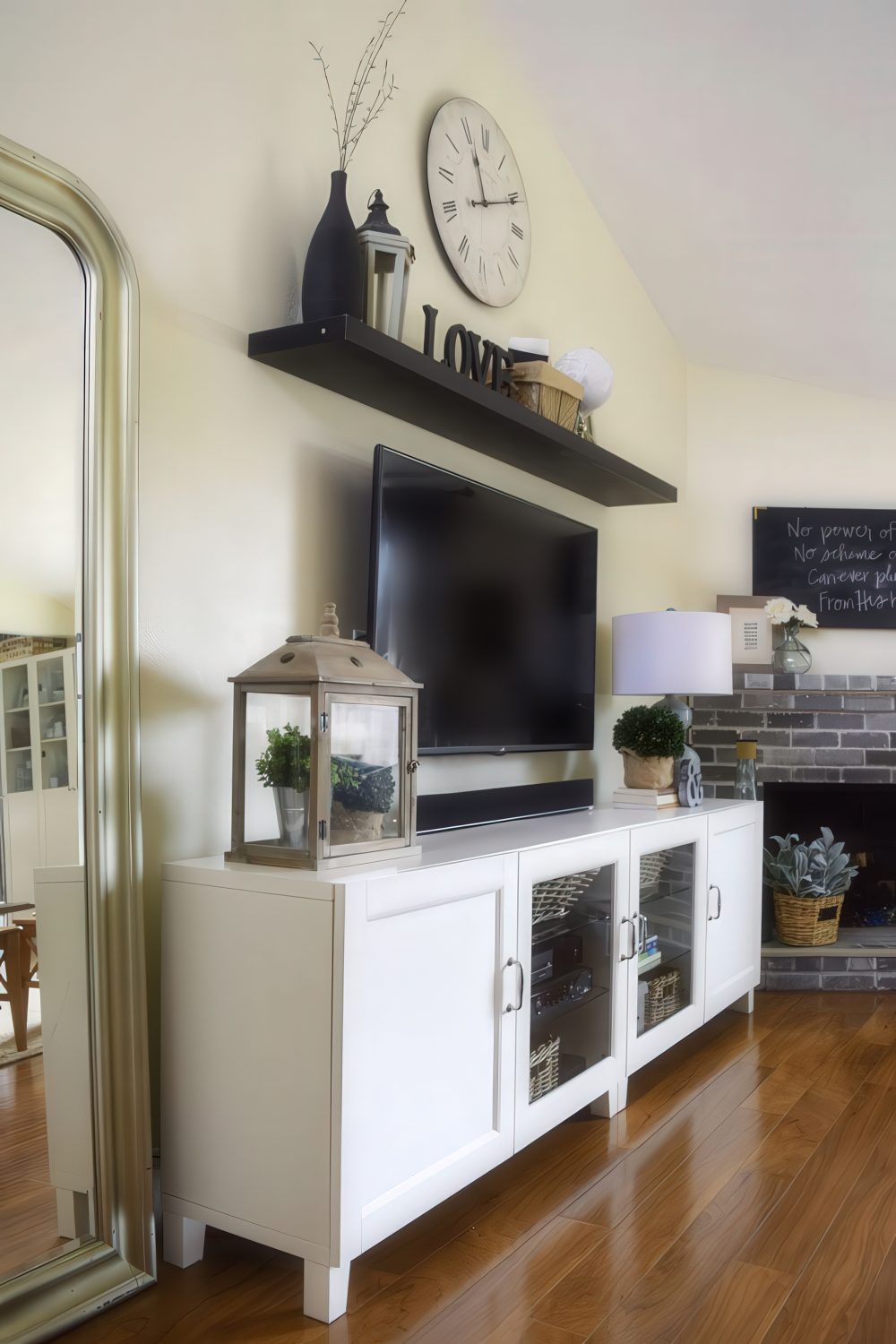 Modified IKEA Besta storage unit in a living room.