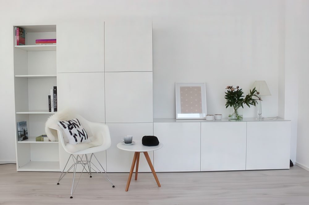 Stacked IKEA Besta units storage.